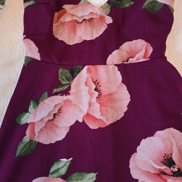 Lulus Women's Floral Ruffle Strap Fit & Flare Mini Formal Dress Burgundy Medium - Picture 5 of 16